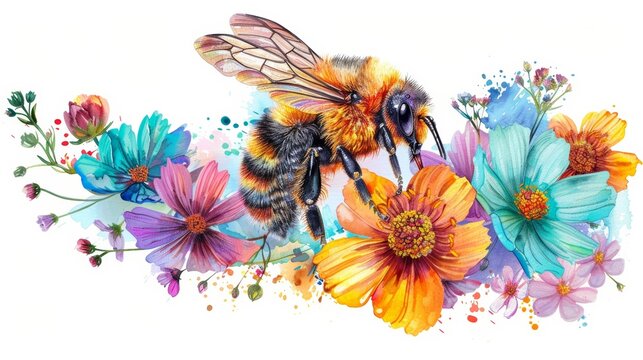 Vibrant Rainbow Colors Watercolor Illustration of Busy Bee Pollinating Flowers for Childrens Books