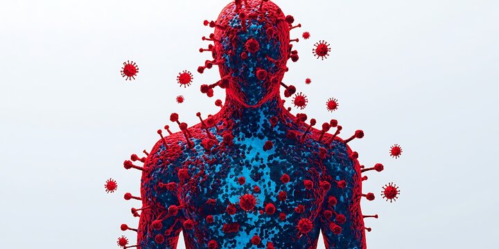 A stylized figure representing human vulnerability, depicted with red and blue colors, surrounded by abstract virus-like shapes.