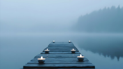 Obraz premium Tranquil Misty Lake at Dawn with Floating Candles on Dock