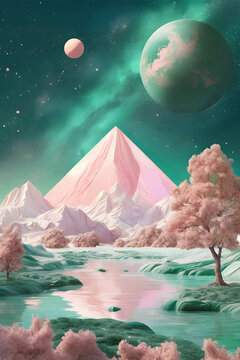 レムリア 風景 オラクルカード風 ピンク エメラルド グリーン 宇宙 アート, lemuria, Generative AI