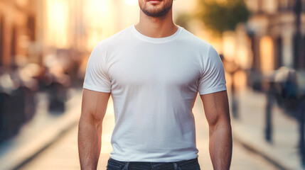 Fototapeta premium A charming man wearing a white t-shirt stands confidently in a lively street setting, radiating style and energy during sunset.