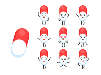 Pill with a funny face character set of poses and emotions, mascot symbol of medicine, pharmaceuticals and dietary supplements, in cartoon kawaii style