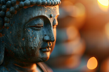 Ancient statue great Buddha on bright holiday composition, abstract vivid composition consists of fictional unreal fantastic vision on background