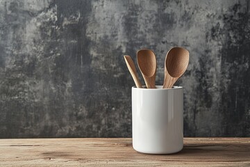 Plain white ceramic utensil holder standing upright on a wooden table