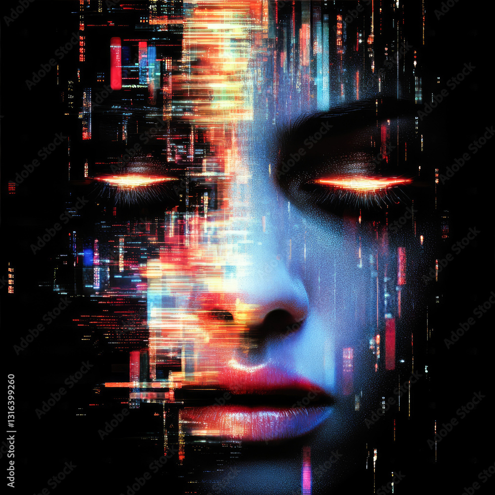Poster a hyper-realistic digital representation of a human face fused with cascading neon data streams, evo