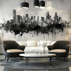 A modern living room featuring a cityscape wall mural design