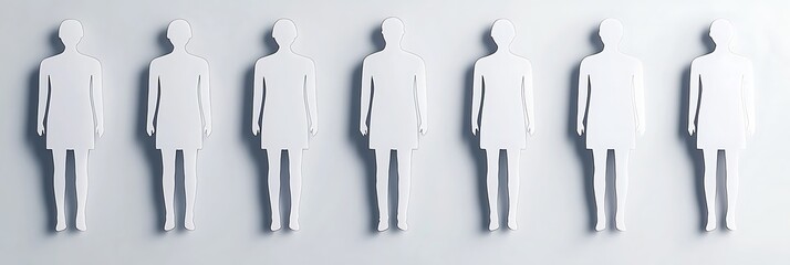 A series of six white human figures against a minimalist background, emphasizing simplicity and uniformity in design.
