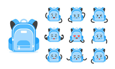 Backpack funny character set of poses and emotions, mascot symbol of school and study, in cartoon kawaii style