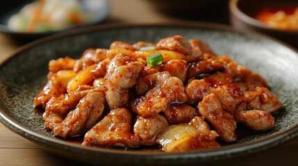 A high-resolution photograph captures the tantalizing aroma and vibrant colors of (stir-fried pork cartilage), a classic Korean dish. Tender pieces of cartilage, coated in a flavorful sauce, are