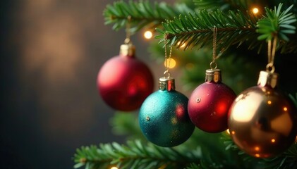 Fototapeta premium Colorful Christmas ornaments hanging from a tree branch, festive atmosphere, holly, lights