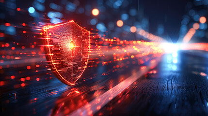 This image features a vibrant digital shield symbolizing cybersecurity with glowing elements, representing safety and modern technology in the digital age.