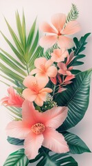 Obraz premium Watercolor arrangement of tropical flowers and peach blossoms on a soft background