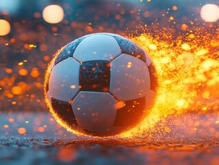 Fototapeta premium Fiery soccer ball in motion, sparks and flames trail behind. Dynamic sports action shot.
