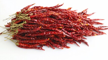 Naklejka premium Pile of Dried Red Chili Peppers on White Background High Contrast Spicy Ingredient