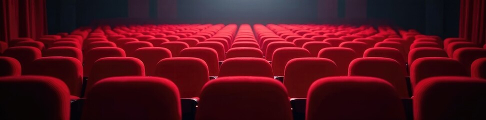 Obraz premium Empty red theater seats filled with soft light, stage, dimly
