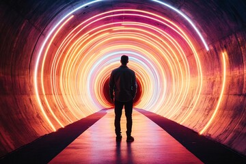 Man in Neon Tunnel: A lone figure stands in the center of a vibrant, circular neon tunnel, bathed in a kaleidoscope of colorful lights. The image evokes a sense of mystery, possibility.