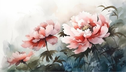 Watercolor Painting of Pink Flowers in a Garden Setting