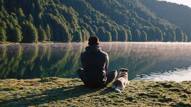Video of a serene lakeside scene with a person and dog sitting on grass, reflecting on nature. Captured from a rear camera angle.