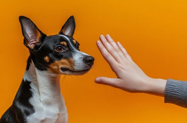 Dog's Obedience: Capturing a heartening moment, a hand signals to a dog against vibrant background, embodying training, trust, and the beautiful bond between a dog and its handler.