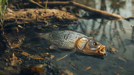 Fototapeta premium Dead Fish Floating Upside Down in Murky Water with Banks