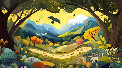 Autumnal Mountain Valley: A Hand-Drawn Illustration of a Serene Landscape AI Generated