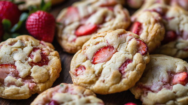 close up of strawberry cheesecake cookies, cookies with  white chocolate