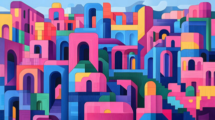 Abstract Colorful Architecture with Geometric Shapes and Patterns