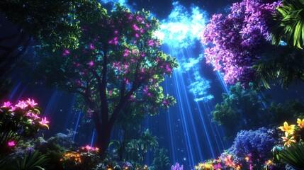 Fototapeta premium A vibrant, magical forest filled with colorful flowers and illuminated by soft rays of light filtering through the trees.