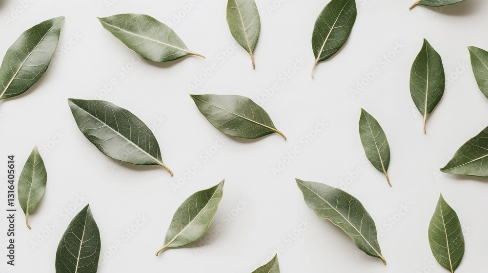 Aufkleber scattered green leaves on a white background create a minimalist and natural pattern for design and 