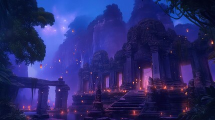 Fototapeta premium Enchanting Night at the Ancient Temple Mystical Asian Architecture Illuminated by Floating Lanterns