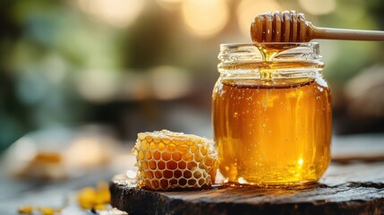 A glass jar brimming with golden, liquid honey, a dipper resting beside it, and a honeycomb nestled within, creating a natural, organic food background.
