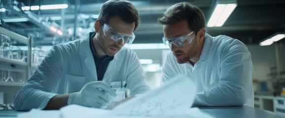 Two engineers in safety glasses examine blueprints while discussing a cutting-edge robotics project in a futuristic laboratory, focused on innovation and design