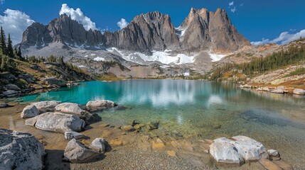 Obraz premium Stunning Turquoise Alpine Lake with Granite Rocks and Snow Capped Mountain Peaks