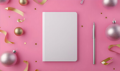 Fototapeta premium Blank Notebook and Pen with Christmas Ornaments on Pink Background