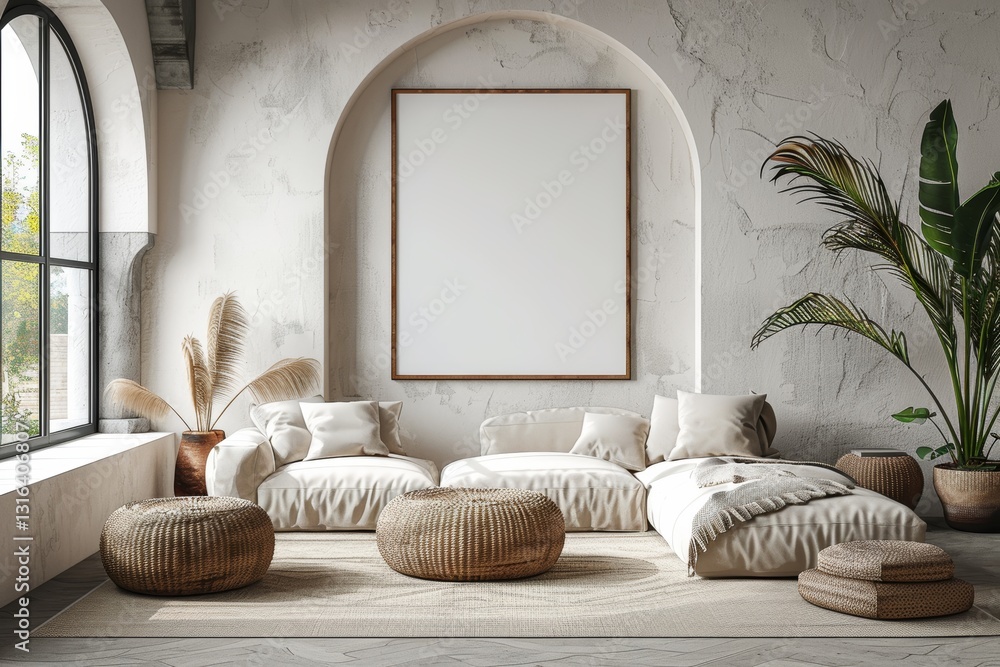 Poster wide picture frame mockup with white background in neutral minimalist setting for photography displa