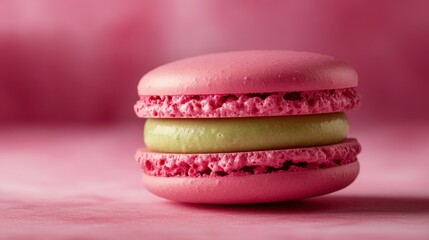 A plump, macaron, its vibrant pink shell cradling a verdant swirl of matcha, is captured in a side view 3D composite. A perfect slice reveals the cream is smooth texture, a testament to the artistry