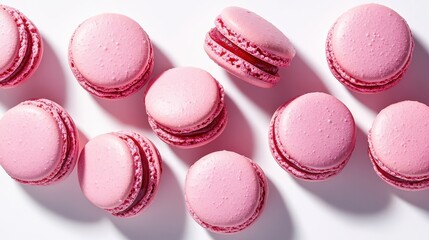 Obraz premium A delicate array of raspberry macarons, their vibrant pink hues kissed by the sunlight, stands isolated against a pristine white backdrop, showcasing the artistry and elegance of this French pastry.