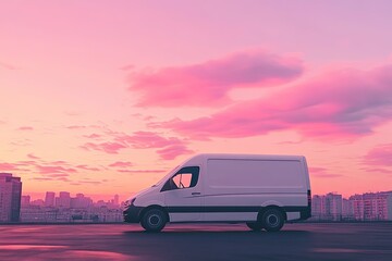 Fototapeta premium A clean white delivery van under pastel pink skies at sunrise in an urban setting. picture