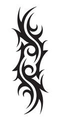 Intricate Tribal Tattoo Design with Flowing Swirls and Sharp Edges in Black Ink Style.