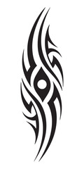 Intricate Tribal Tattoo Design with Flowing Swirls and Sharp Edges in Black Ink Style.
