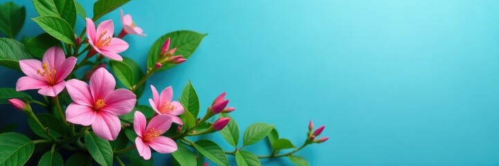 Fototapeta premium Green leaves and pink flowers in a blue background, blue, foliage