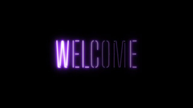 Welcome neon sign flicker motion graphic with alpha channel. Purple neon light turn on and turn off isolated text animated on transparent background.