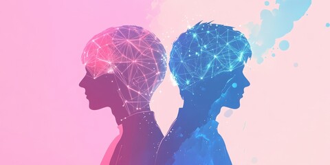 Two silhouettes  with interconnected circles and the other featuring two human heads, symbolizing connection and duality