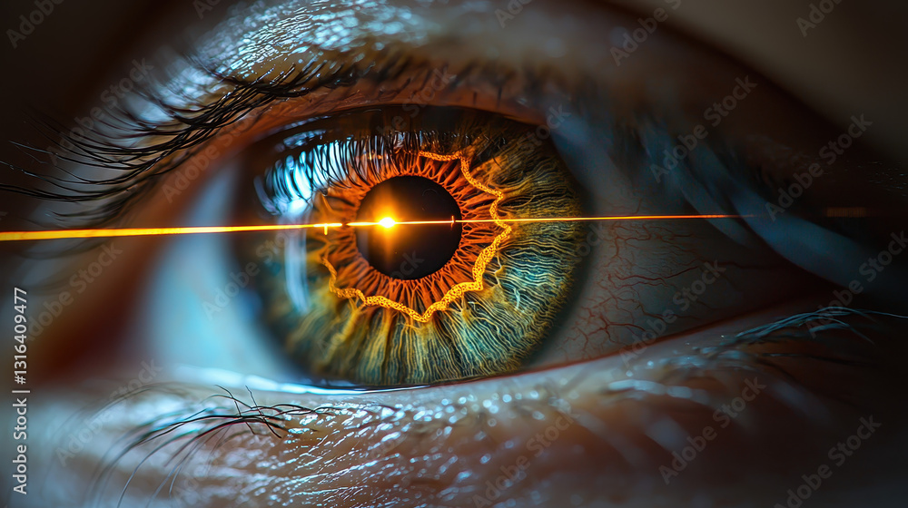Poster close-up view of a laser beam targeting an eye for vision correction procedure
