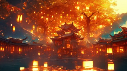 Obraz premium Enchanting Lantern-Lit Village Under a Magical Tree