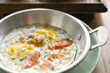 Pan-fried eggs with side dishes. Thai food, Vietnamese style..