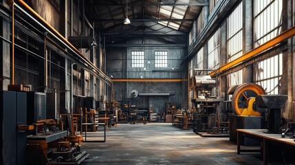 Fototapeta premium Industrial Workspace Mockup: Factory Interior with Machinery and Large Windows 