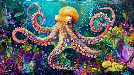 Obraz premium Octopus in a Colorful Underwater Garden with Coral Reef and Fish 