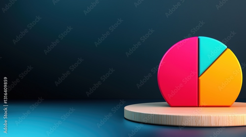 Poster a colorful pie chart on a wooden base against a dark background, representing data visualization and
