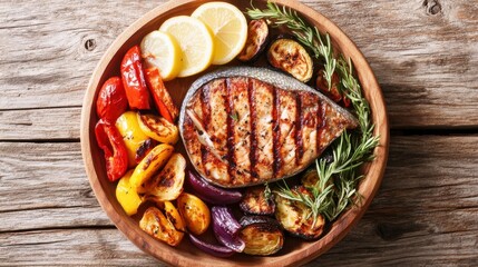 Grilled Swordfish Steak with Roasted Vegetables and Lemon